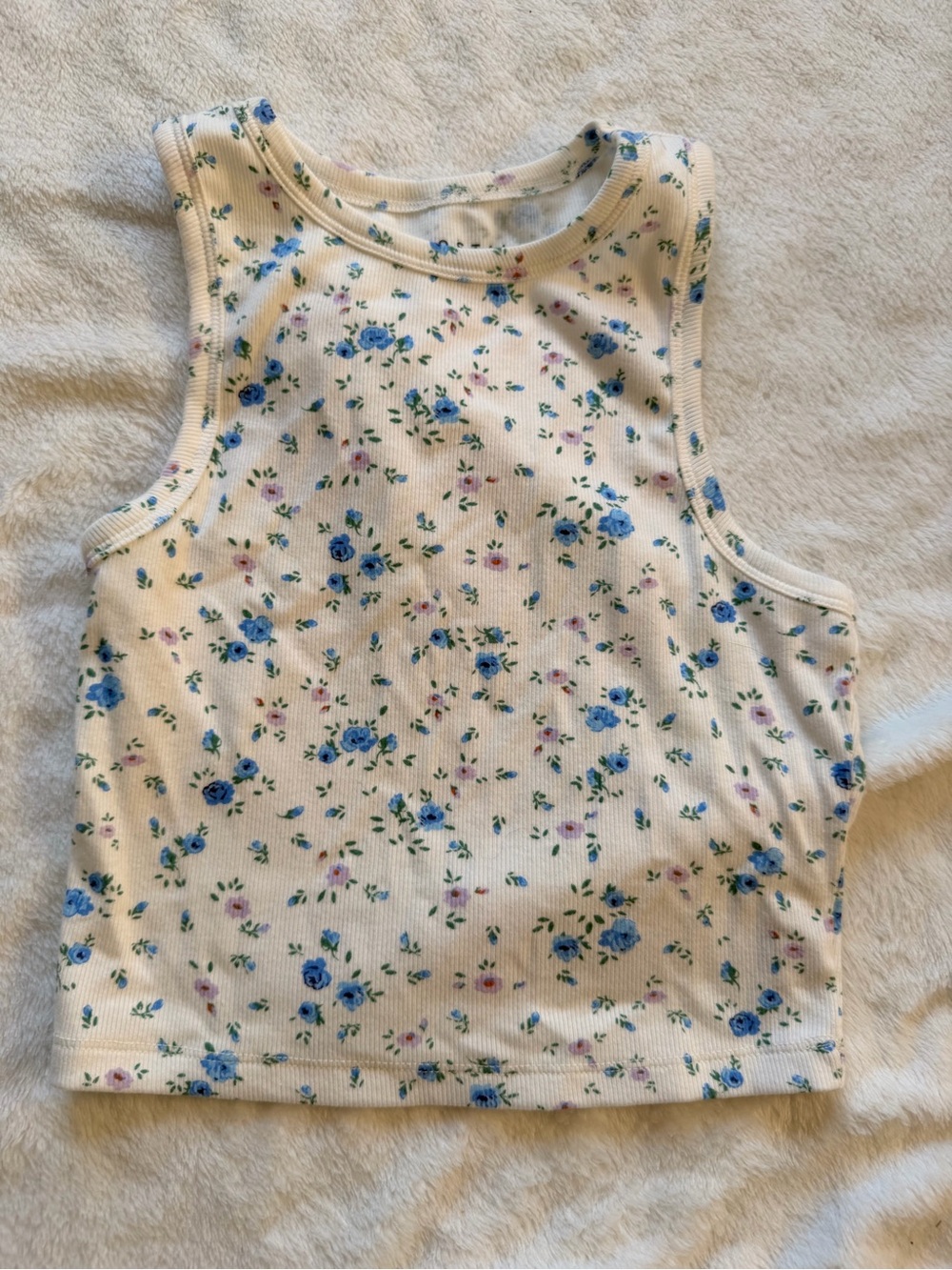 Aeropostale Cream Ribbed Crop Tank with Blue Floral Print